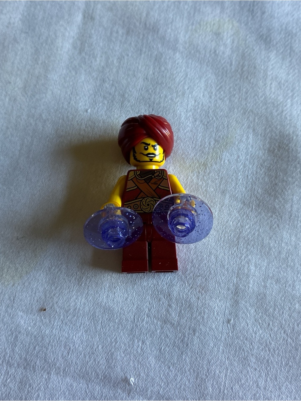 Lego Red-Haired Yellow LEGO-Style Minifigure with Translucent Purple Discs